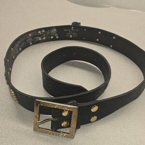 Christian Audigier Y2K Leather Belt Black Gold Studded Size L